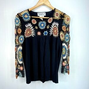 Joseph A Black Knit Floral Crochet Long Sleeve Top Womens Large